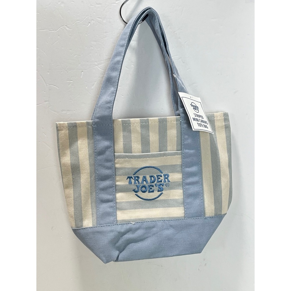Trader Joe's Blue Striped Mini Canvas Tote Bag Embroidered Logo NEW